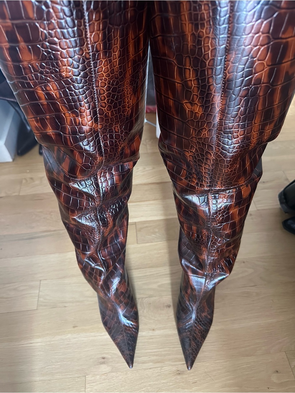 TRACY Jennifer Le Brown Tortoise Printed Croc Embossed Leather Thigh High Boot